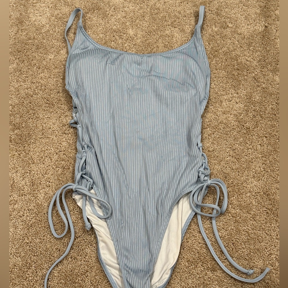 PINK Victorias Secret blue One Piece bathing suit with draw strings. Size Small